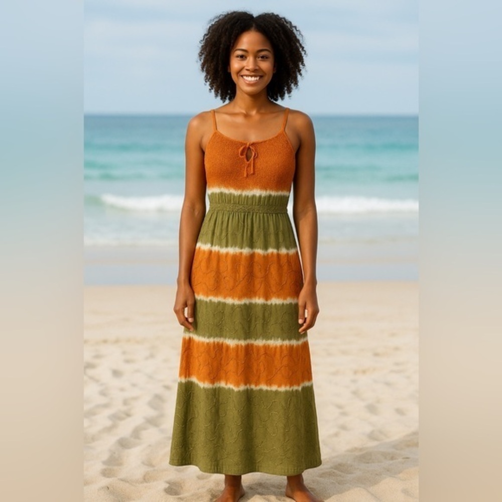 Raga Olive Brown Maxi Dress Embroidered Back Strappy Vacation Resort NWT S #1495